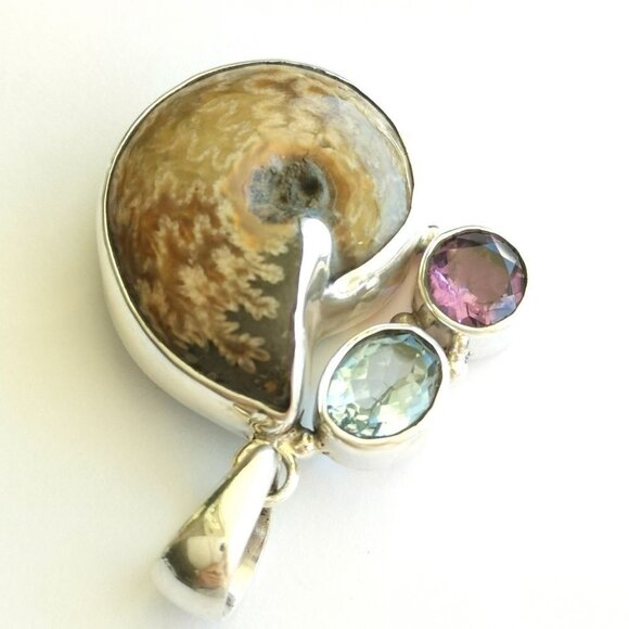 NEW Sterling Silver Ammonite fossil  topaz amethyst pendant necklace - Picture 7 of 9